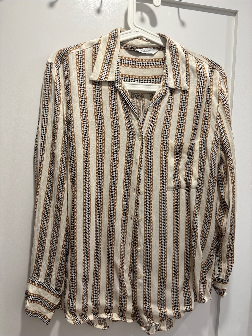 Zara Cream and Brown Vertical-Stripe Button-Up Shirt